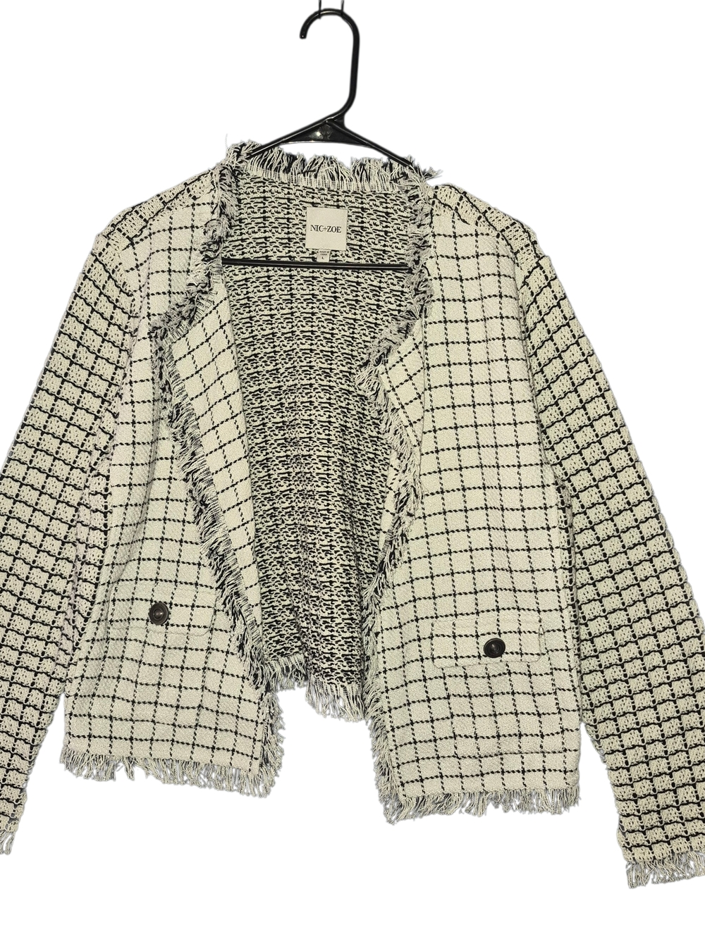 NIC+ZOE Grid Fringe Mix Knit Jacket Womens Large